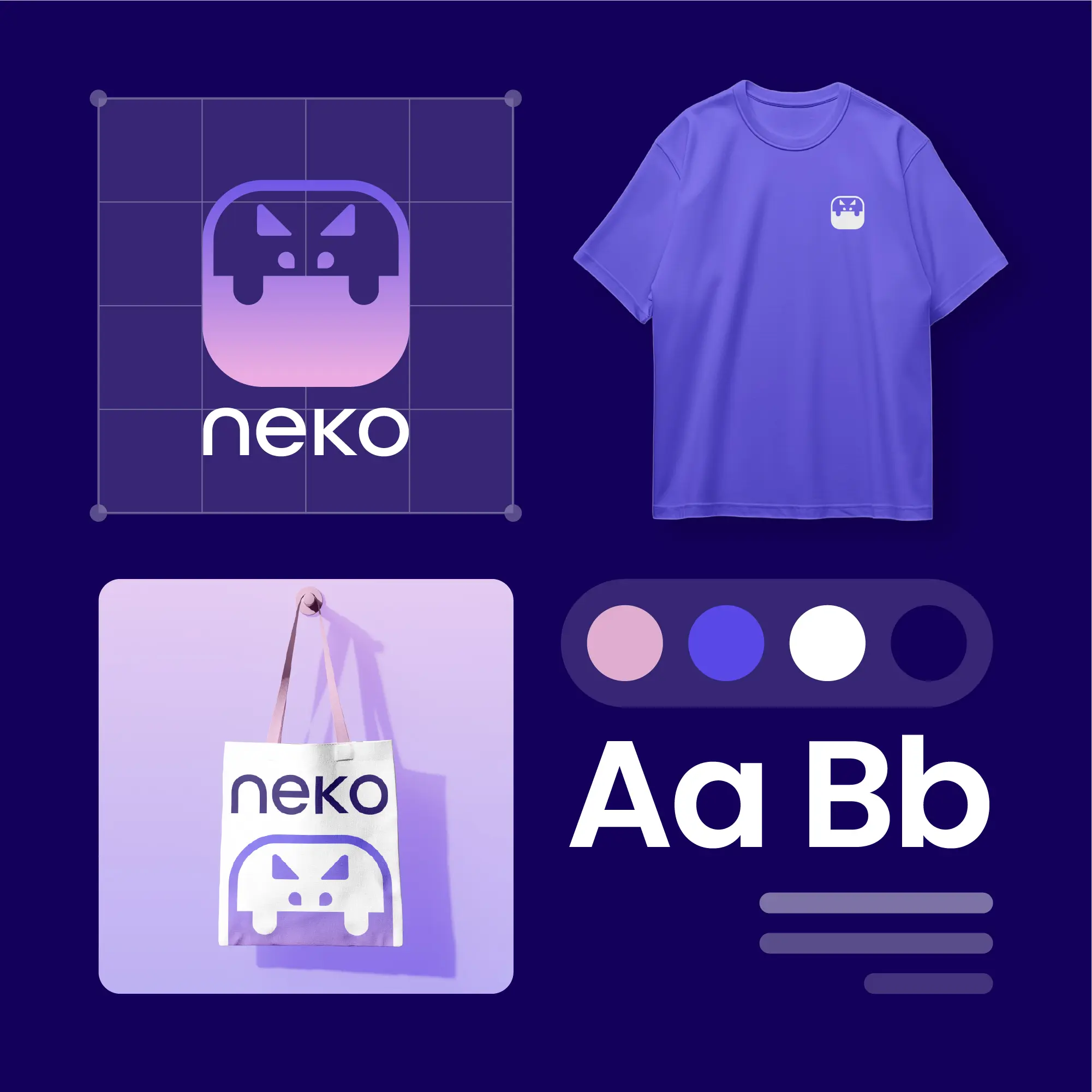 Neko brand identity mockup featuring cat logo mark, purple color palette, and apparel design by ZakDesignz