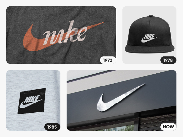 Nike Swoosh logo evolution from 1972 to today across shirts, caps, and signage — same shape, unchanged for 50+ years