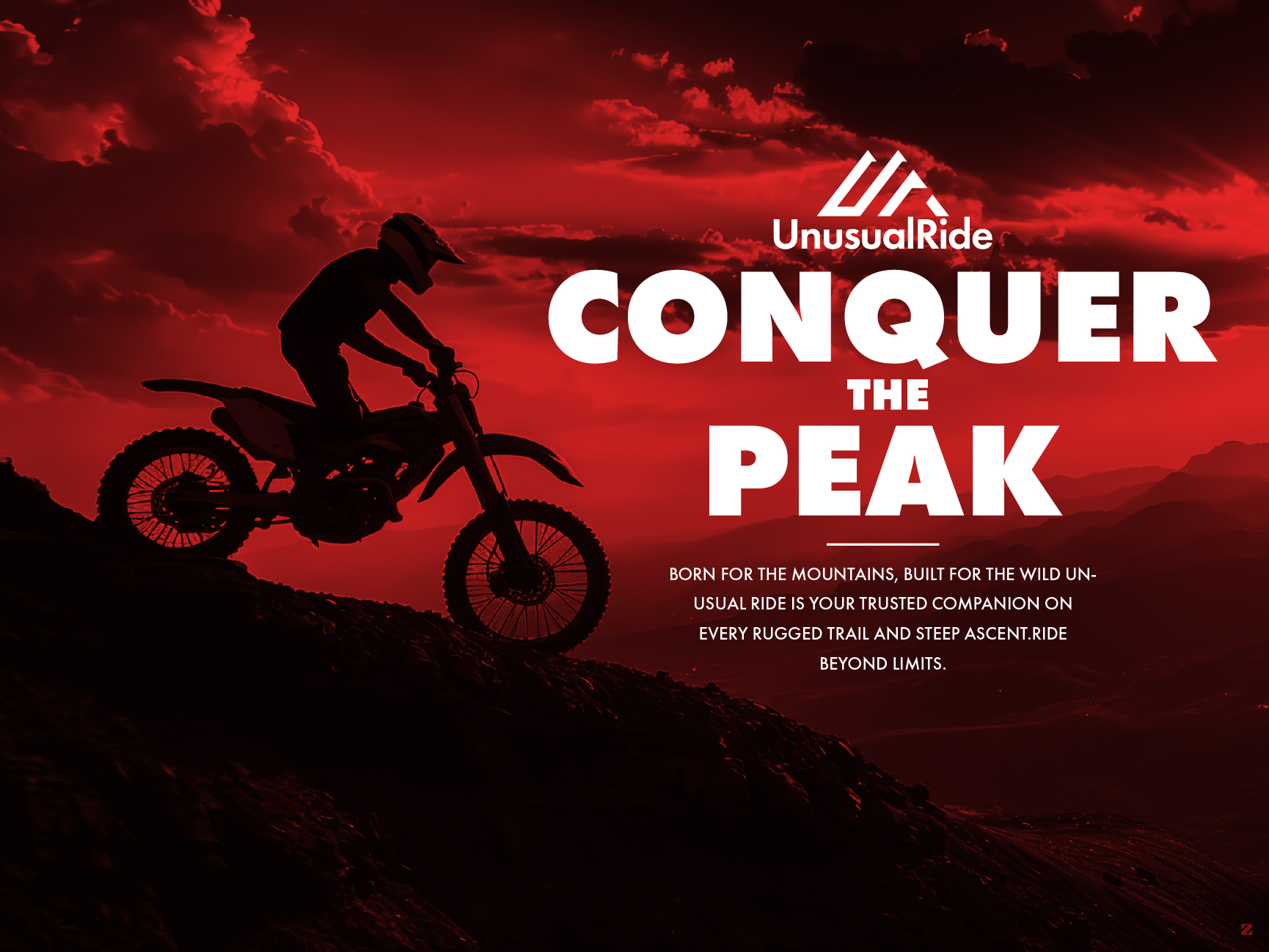 UnusualRide "Conquer the Peak" banner ad design showing a motocross rider silhouette on a mountain trail against a red dusk sky