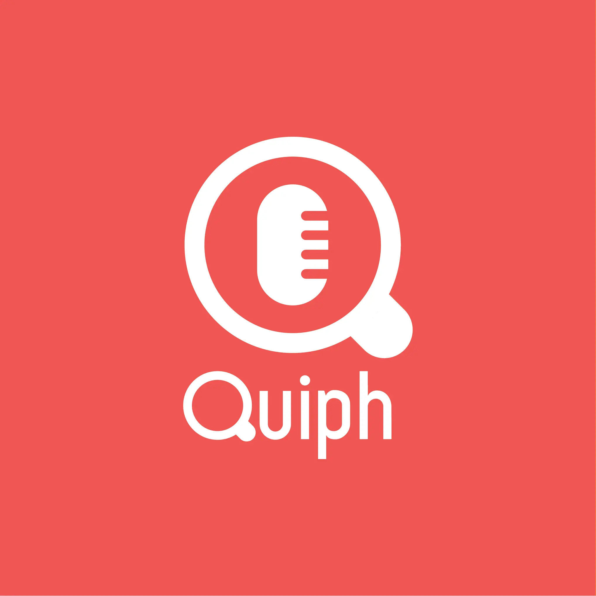 Modern minimalist logo design for Quiph — podcast and audio brand featuring a microphone inside a magnifying glass icon in white on coral red