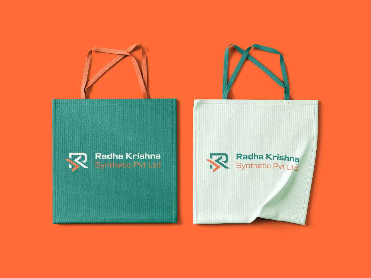 Radha Krishna Synthetic tote bag branding mockup, teal and off-white bags with RKS logo by ZakDesignz