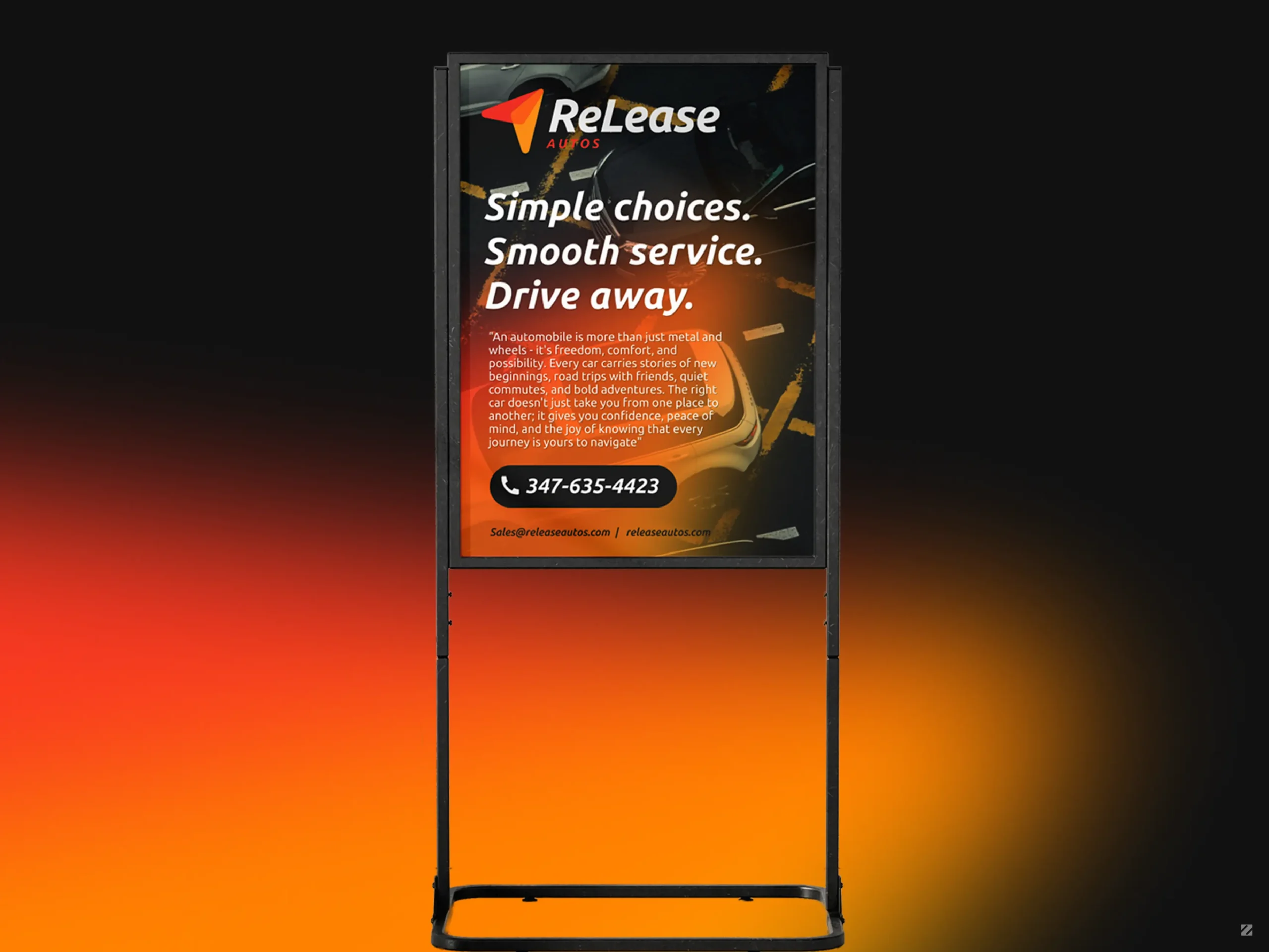 ReLease Autos digital signage stand design, brand identity by ZakDesignz