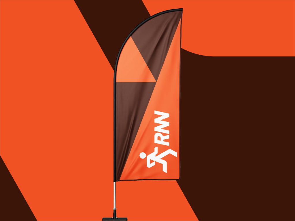 RNN brand identity design feather flag for race event signage