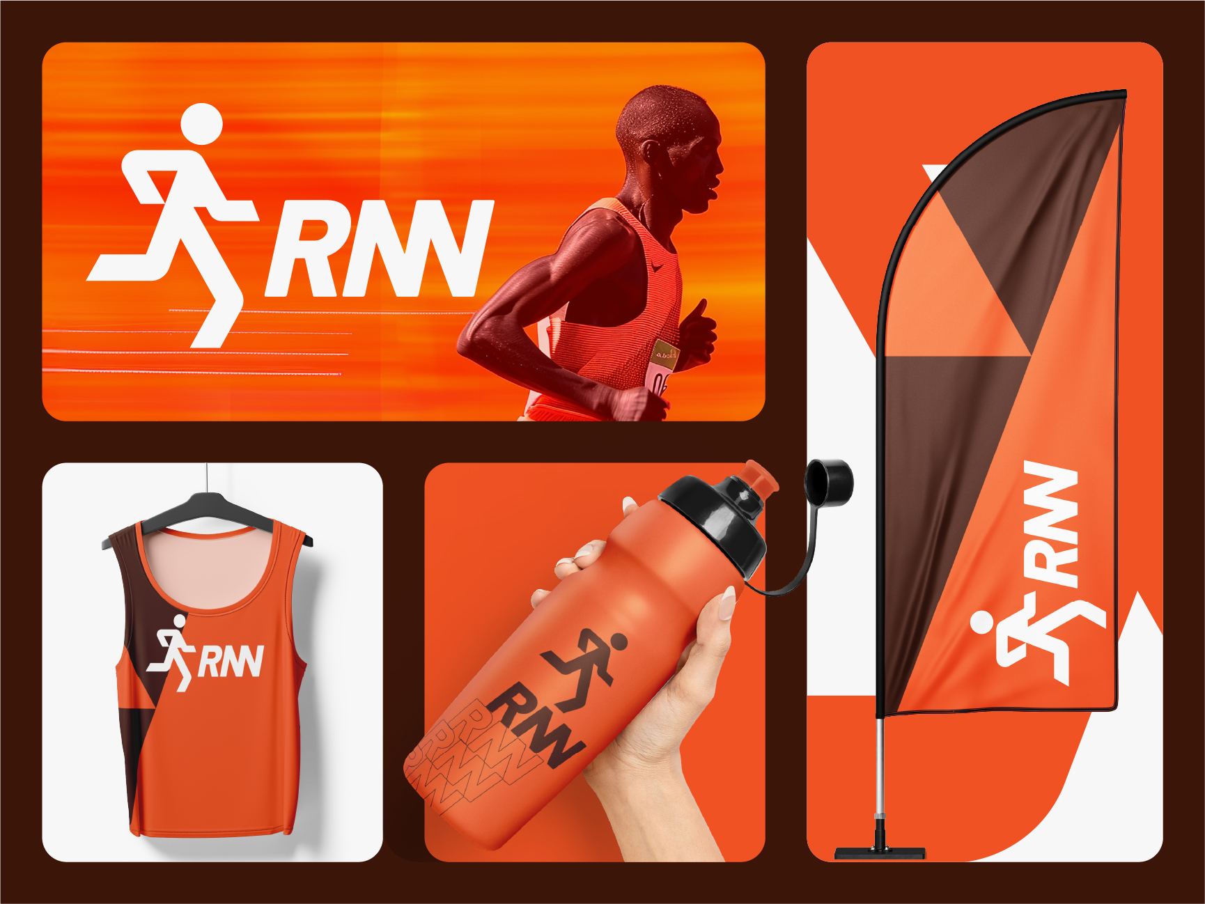 RNN brand identity design logo with athlete action photography