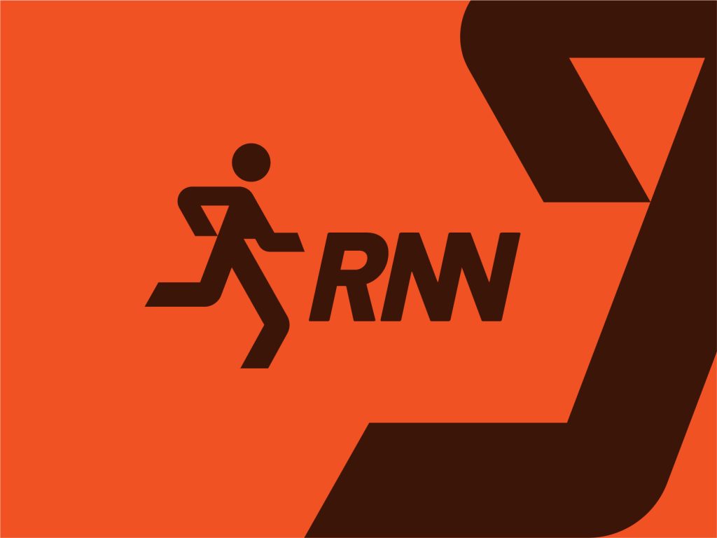 RNN brand identity design running man logo orange background