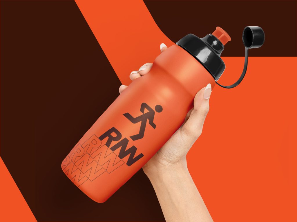RNN brand identity design logo on orange shaker bottle