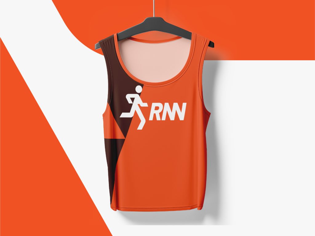 RNN brand identity design applied to orange and brown performance tank top