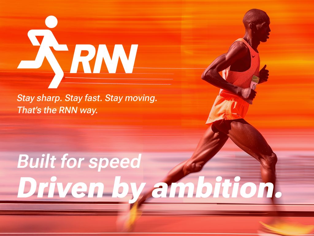 RNN brand identity design running man logo with athlete running action photography