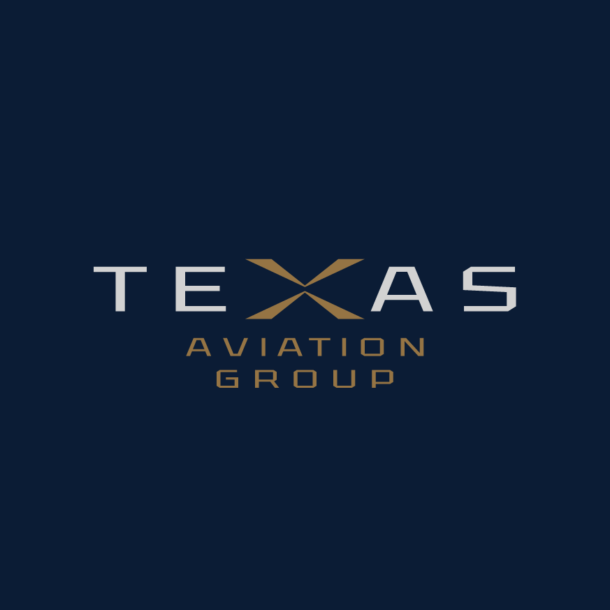 Elegant wordmark logo for Texas Aviation Group with a gold X icon on dark navy background