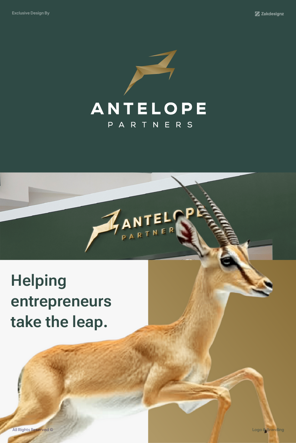 Antelope Partners logo branding with gold antelope symbol and business signage by zakdesignz