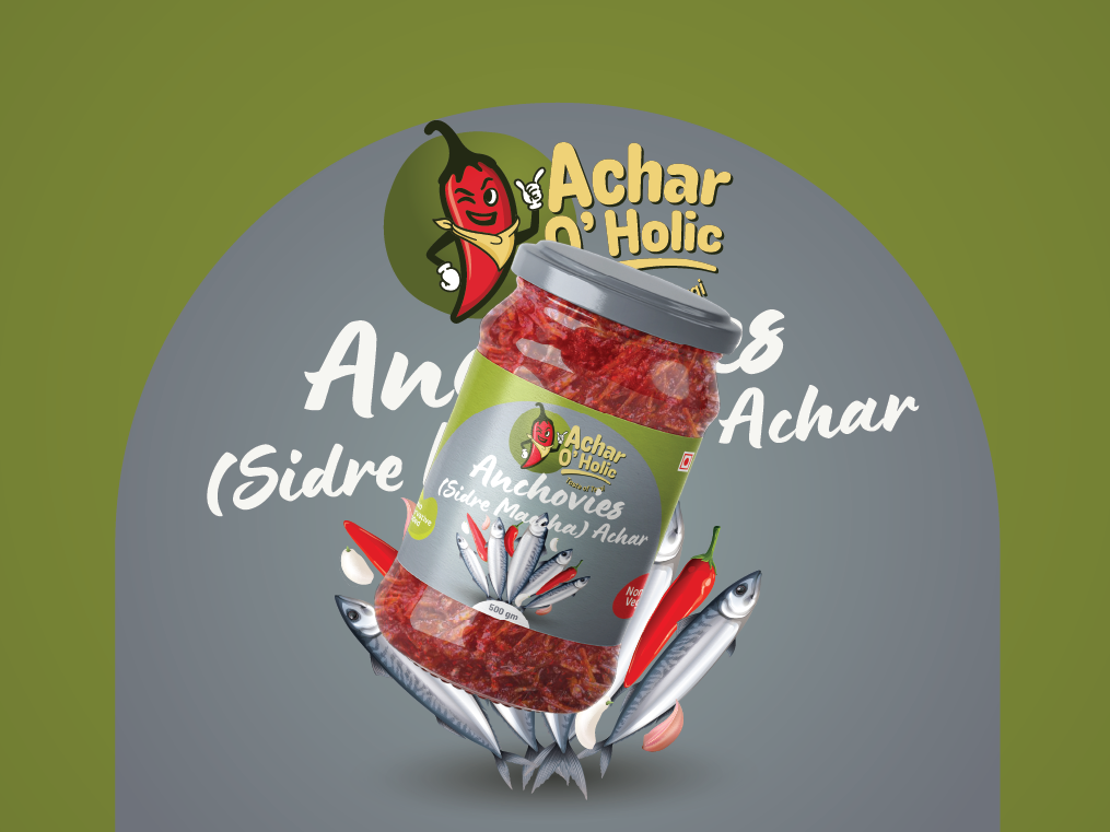 Pickle packaging design Nepal - Anchovies Sidre Maccha achar label with grey seafood theme, ZakDesignz