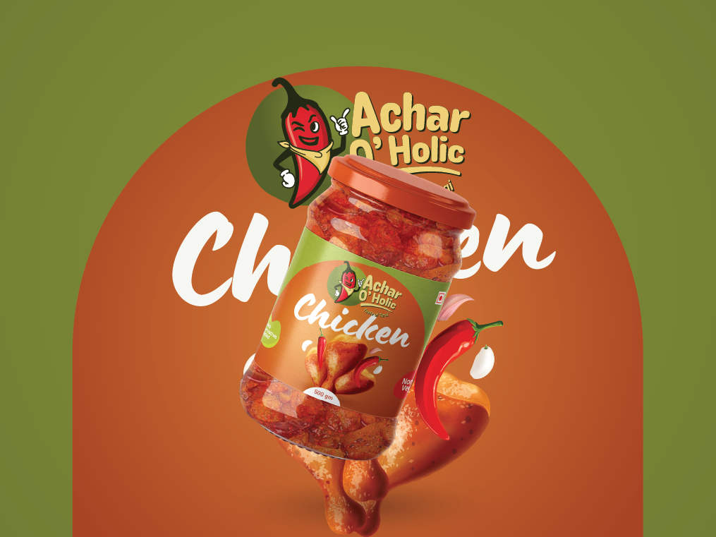Pickle packaging design Nepal - Chicken achar label design with orange non-veg branding, ZakDesignz