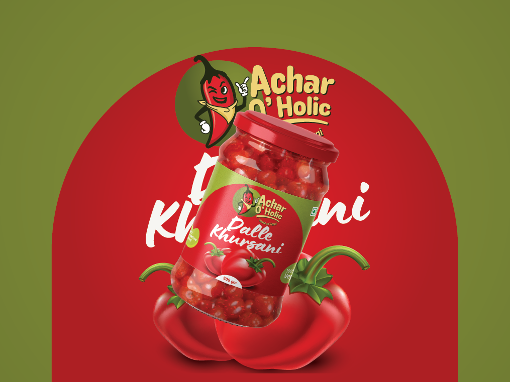 Pickle packaging design Nepal - Dalle Khursani achar label with red chili branding, ZakDesignz