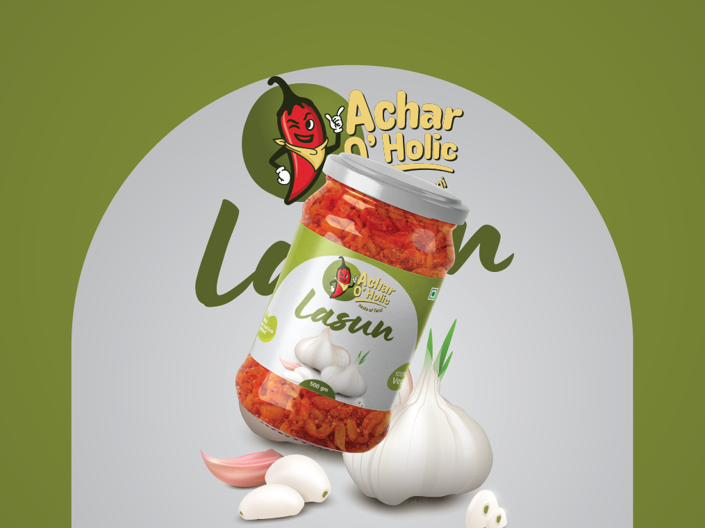 Pickle packaging design Nepal - Lasun garlic achar label in neutral grey-green, ZakDesignz