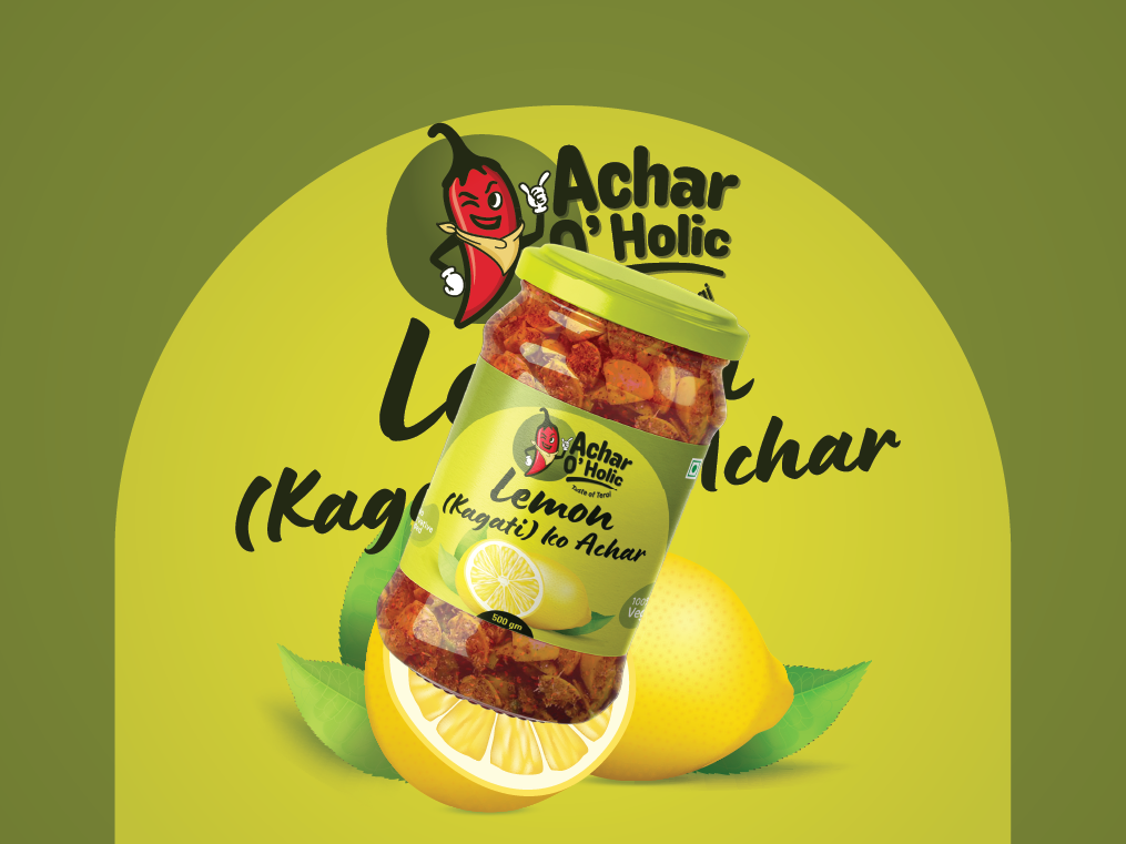 Pickle packaging design Nepal - Lemon Kagati achar label in bright yellow, ZakDesignz