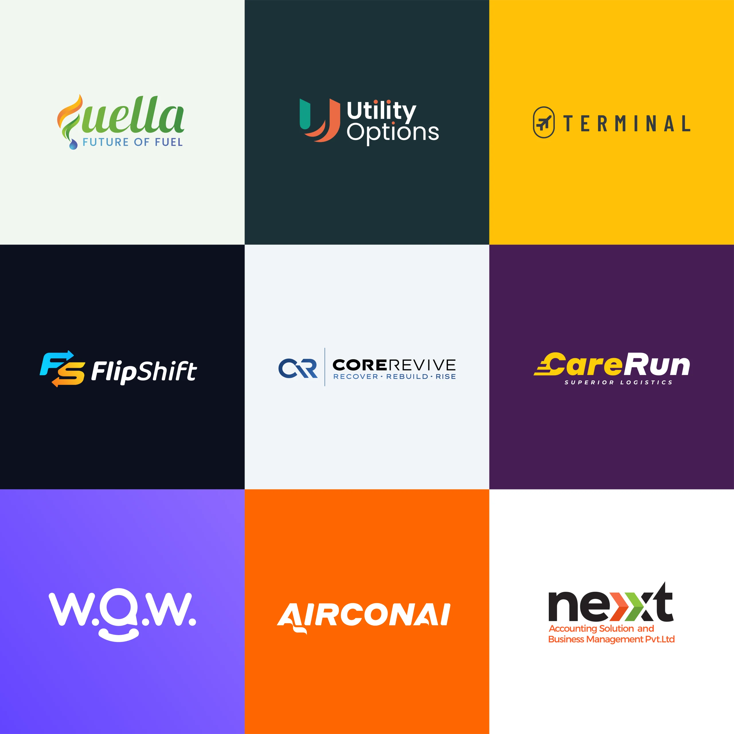 Minimalist and modern logo design portfolio featuring brand identities for fuel, fintech, aviation, logistics, and tech companies including Fuella, Utility Options, Terminal, FlipShift, CoreRevive, CareRun, w.o.w., Airconai, and Nexxt by ZakDesignz