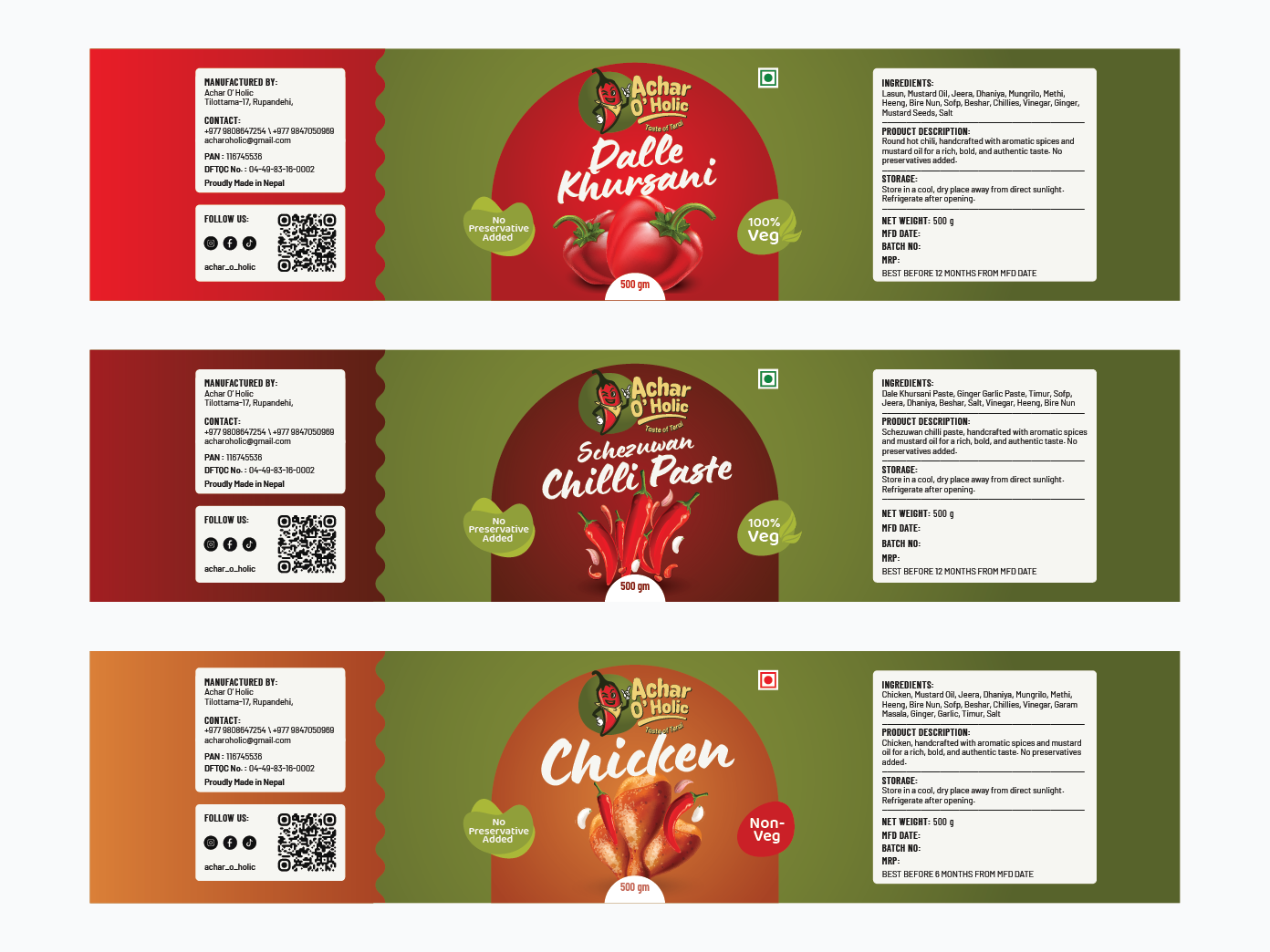 Pickle packaging & label design Nepal - Achar O'Holic label set by ZakDesignz showing six flavor variants with consistent branding