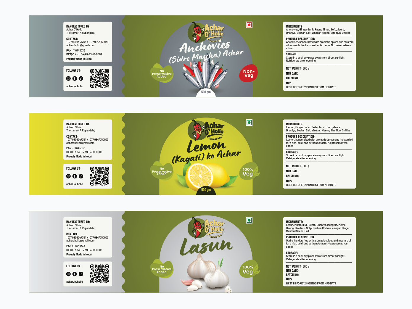 Pickle packaging design Nepal - Achar O'Holic label set by ZakDesignz showing six flavor variants with consistent branding