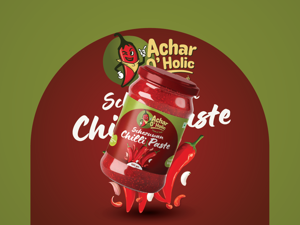 Pickle packaging design Nepal - Schezwan Chilli Paste achar label in dark red, ZakDesignz